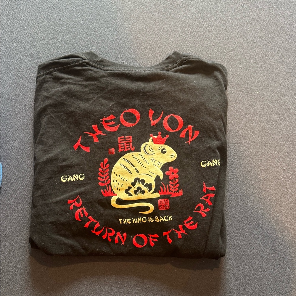Theo Von Black Graphic Tee with Red and Yellow Design